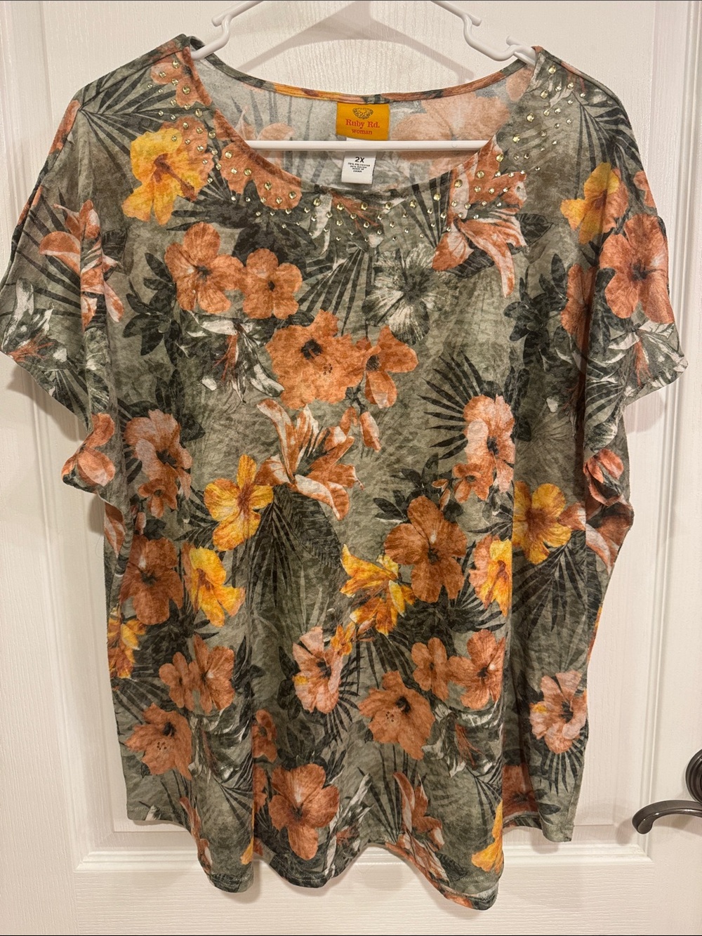 Ruby Rd. Olive Green Floral Short Sleeve Tee with Orange & Yellow Blooms